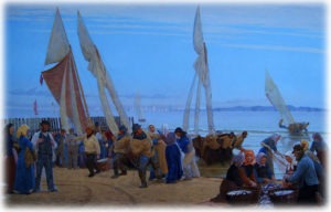 Udsnit af “Morgen ved Hornbæk. Fiskerne kommer i land” er fra 1875 og malet af P.S. Krøyer. Maleriet kan ses på Den Hirschsprungske Samling i København.
