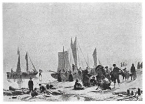 J.P. Raading: Fiskerbådene kommer ind om morgenen til Hornbæk Strand.
